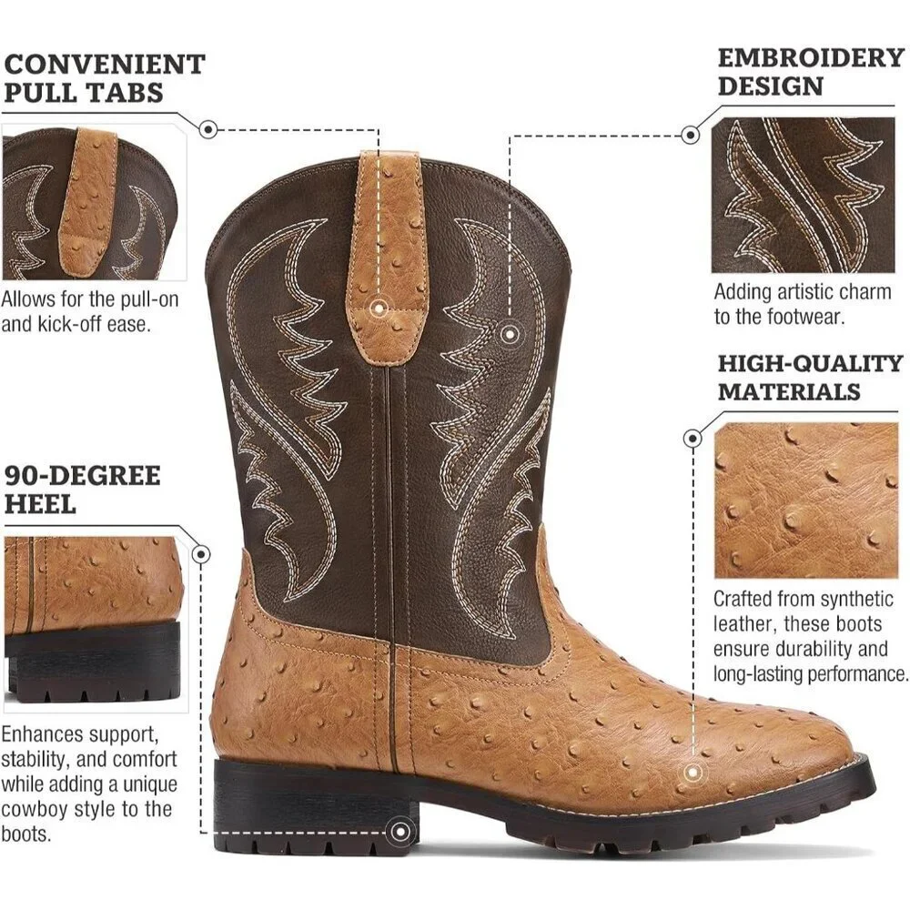 Men's Brown Square Toe Chunky Heel Mid-calf Classic Embroidered Pull On Boots